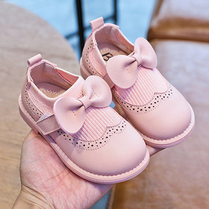 Girls toddler shoes 2023 spring and autumn new solid color bow girl baby single shoes soft bottom Korean children's leather shoes