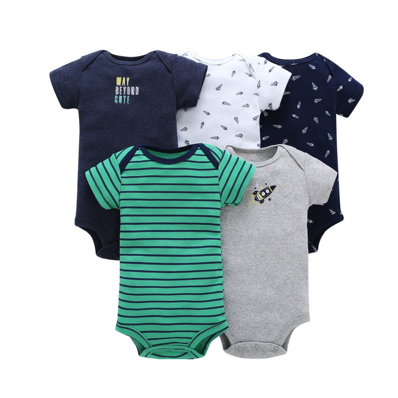 A generation of summer baby boy cotton short-sleeved mixed color haze triangle romper 5 five-piece suit T0031