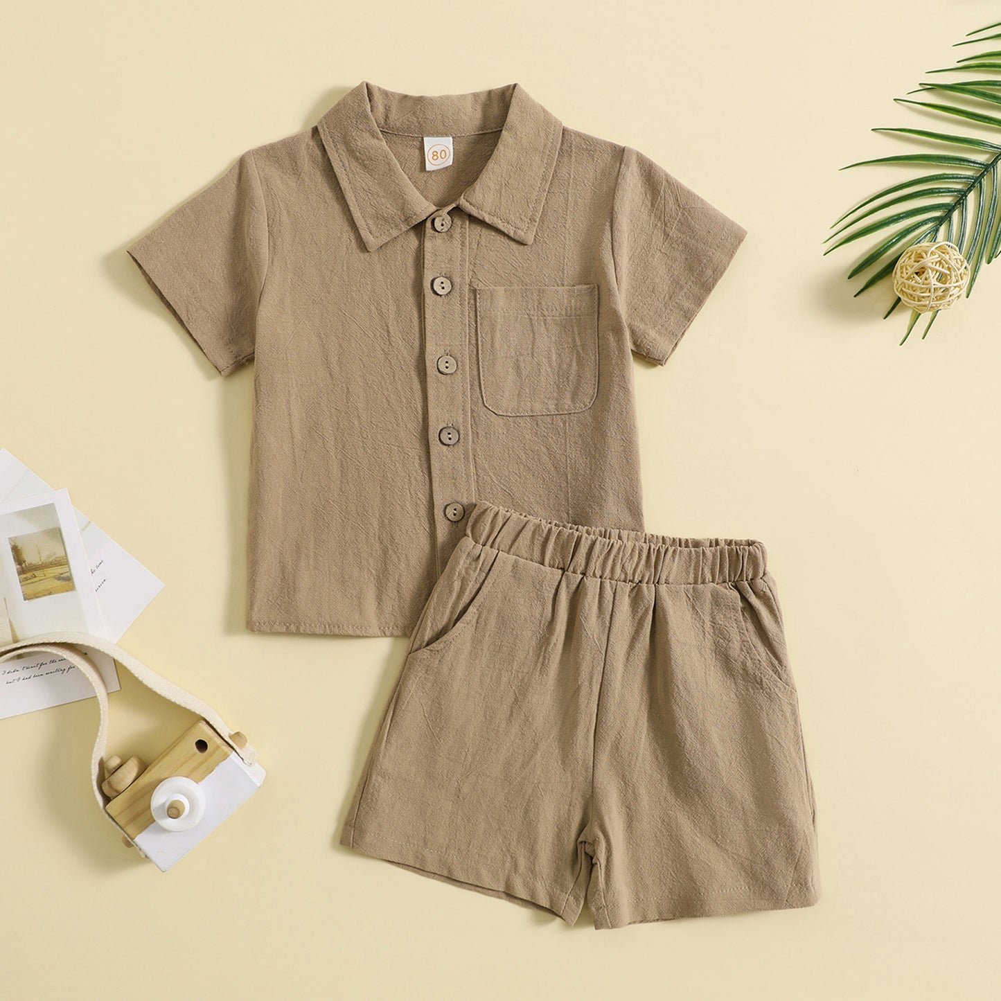 Summer cotton and linen casual short-sleeved lapel Polo shirt solid color boys' summer two-piece suit