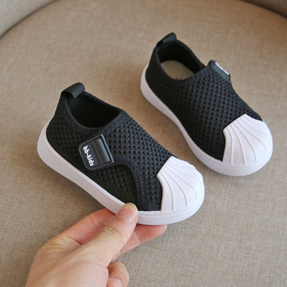 Spring and autumn children's shoes non-slip soft bottom children's sports shoes men and women small and medium children breathable flying woven board shoes shell head baby