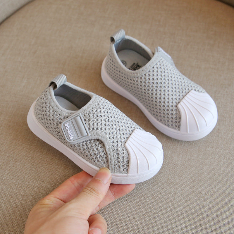Spring and autumn children's shoes non-slip soft bottom children's sports shoes men and women small and medium children breathable flying woven board shoes shell head baby