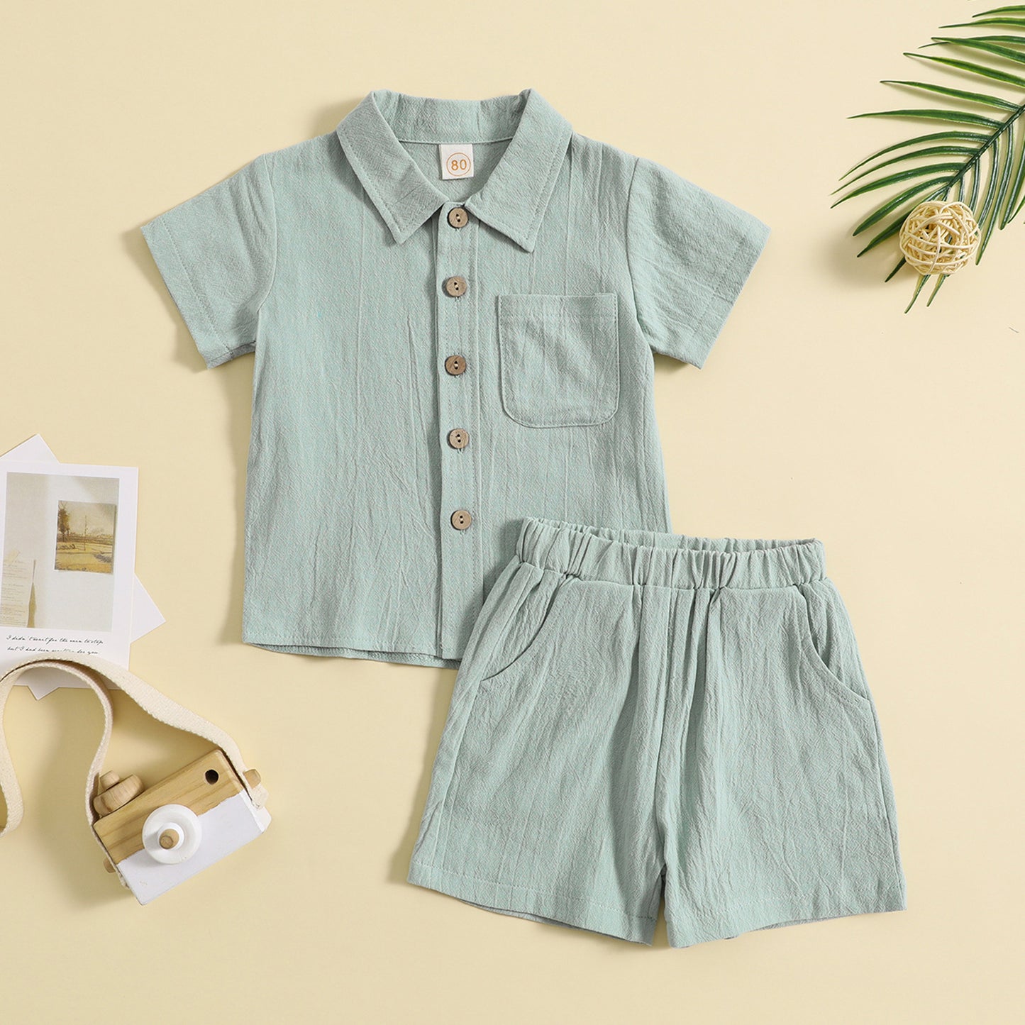 Summer cotton and linen casual short-sleeved lapel Polo shirt solid color boys' summer two-piece suit