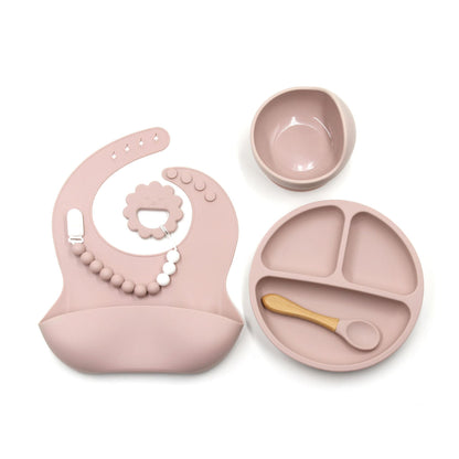 Amazon Hot Selling Feeding Set Kids Bib Sucker Bowl Spoon Set Toddler Bead Teeth Bowl Spoon Plate Set
