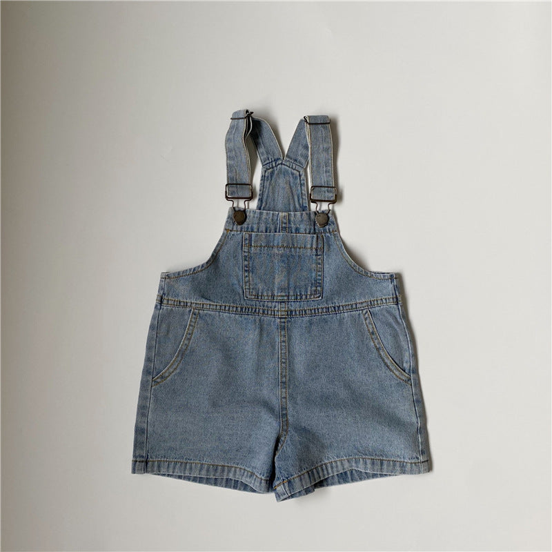 GL-kids Korean new product children's thin denim suspenders overalls trousers men's and women's precious accent washed denim shorts summer